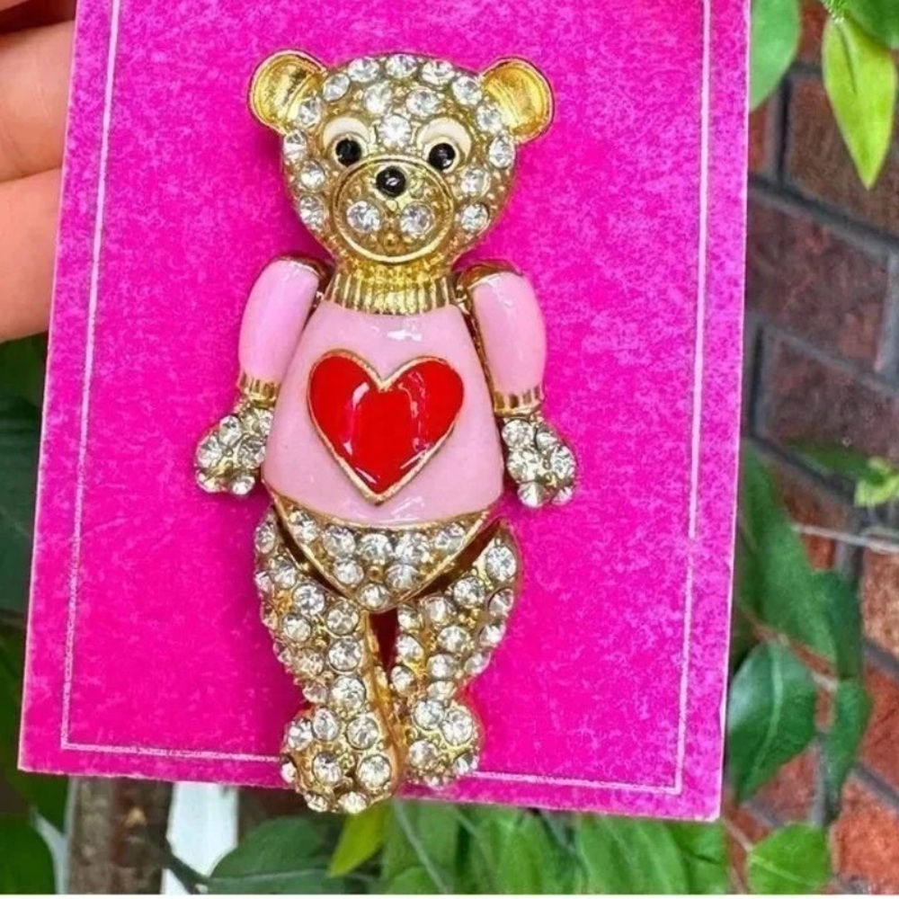 Pink Bear Heart Crystal Brooch NWT